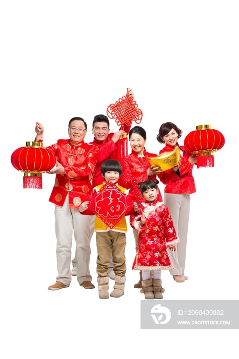 棚拍中国新年快乐的唐装家庭