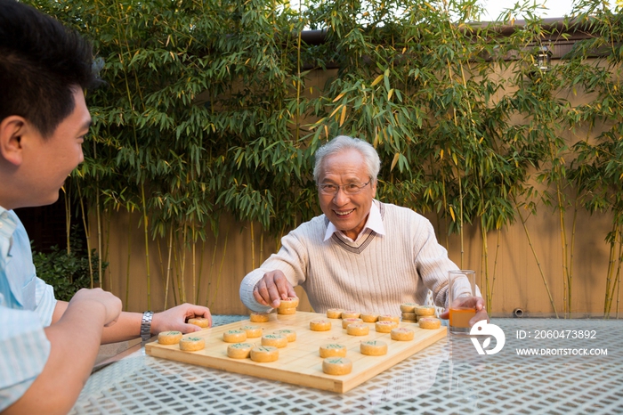 父子在院子里下棋