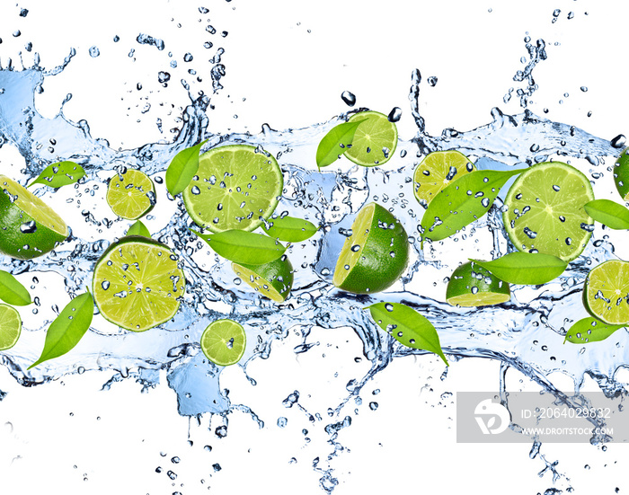 Fresh limes in water splash,isolated on white background