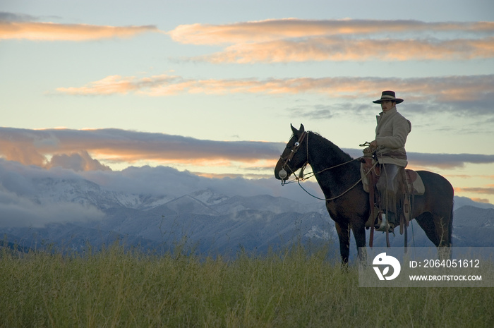 Cowboy on Montana ridge at first light,mountain background