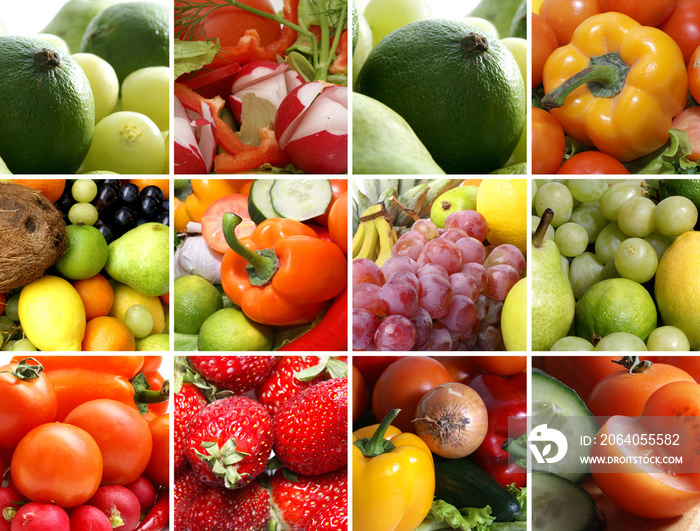 一幅新鲜可口的水果和蔬菜拼贴画