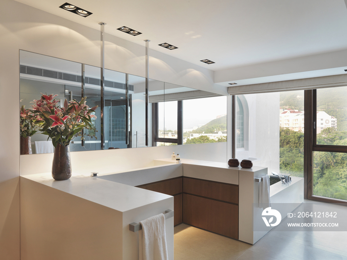 Mirror along cabinets in bedroom and scenic view; Scottsdale; USA