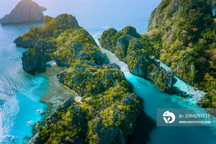 Aerial drone view of Big lagoon and majestic rocks. Discover explore El Nido, Palawan Philippines. s