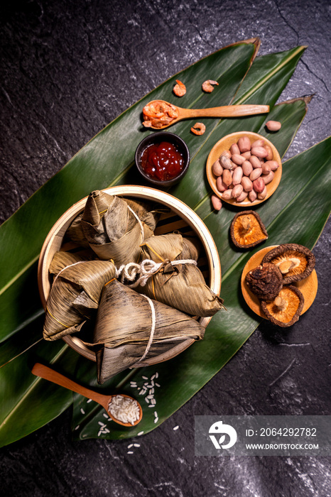 Close up, copy space, top view, flat lay. Famous asian chinese tasty handmade food in duan wu event,