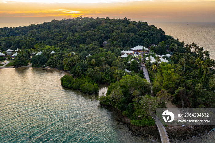 Drone shot the Luxury but Eco Community resort and hotel on the mountain in KohKood Island at the Ea