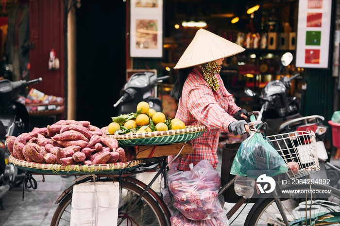 Vietnamese woman with bike selling tropical fruit at the market