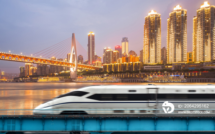 High-speed rail speeds on Bridges and the modern city skyline of chongqing, China