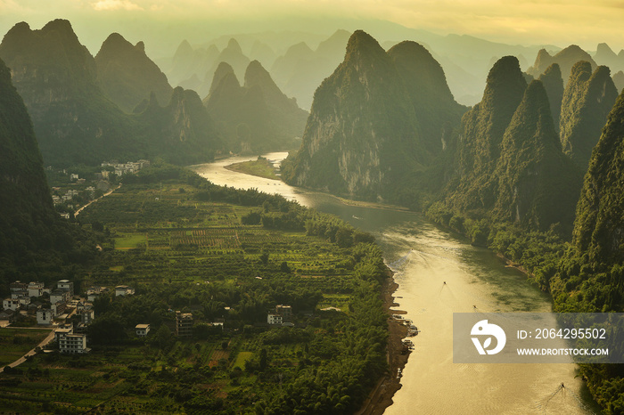 Xianggong hill landscape of Guilin, Li River and Karst mountains. Xingping, Yangshuo County, Guangxi