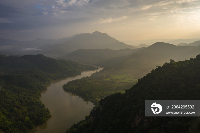 Aerial view of mountains and river Nong Khiaw. North Laos. Southeast Asia. Photo made by drone from 