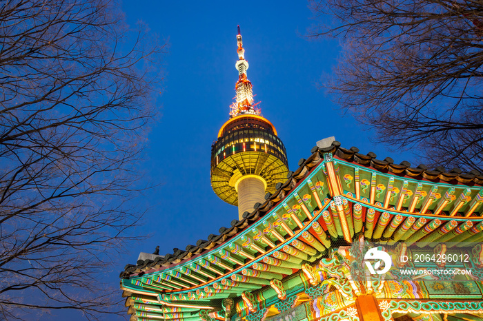 Korean temple in front of N Seoul Tower at Namsan Mountain Park.