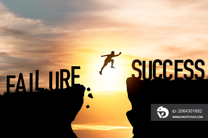 Mindset concept ,Silhouette man jumping from failure to success  wording on cliff with cloud sky and
