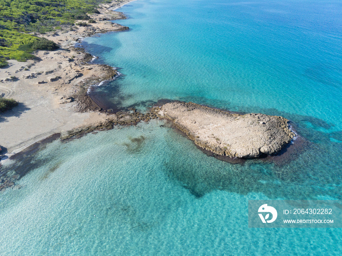 Scenic aerial view of a beach in Punta Suina, Salento, Italy