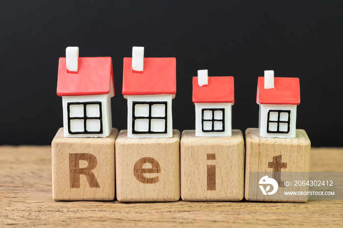 Reit, Real estate investment trust concept, miniature houses on cube wooden block with alphabet comb