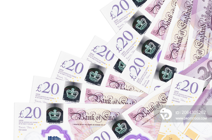 20 British pounds bills lies in different order isolated on white. Local banking or money making con