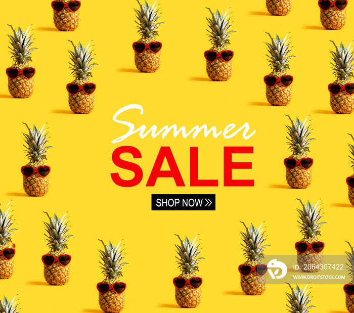 黄色背景戴墨镜的菠萝系列夏季大减价