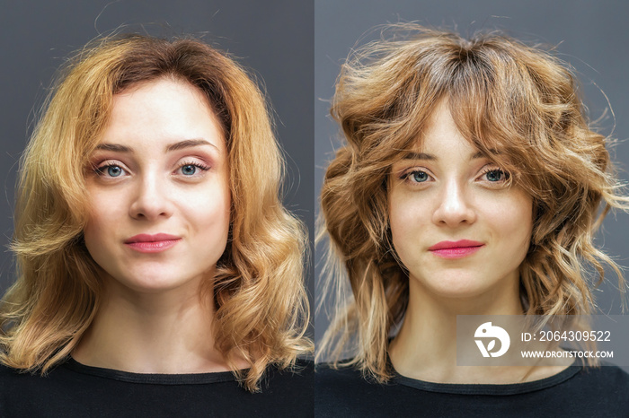 Hair of woman before and after treatment for perfect curls.