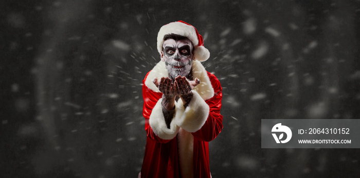 Santa Claus is a wizard with a skull on Christmas against the background of the corpsepice.