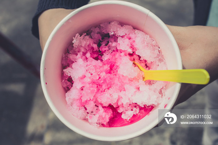 shaved ice with color sugar sweet fruit flavor syrup cool dessert good in summer season hot day