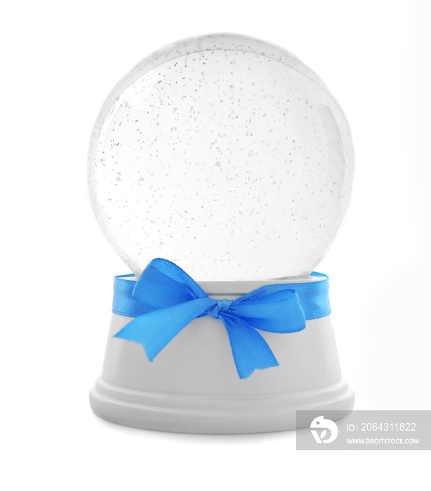 Empty snow globe with blue bow isolated on white