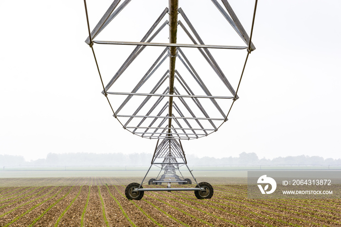 View from below of a center pivot irrigation system in a young field of corn in the french countrysi