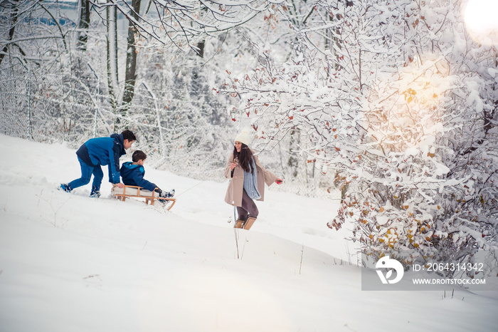 年轻漂亮的妈妈和她可爱的小男孩在冬天玩雪橇