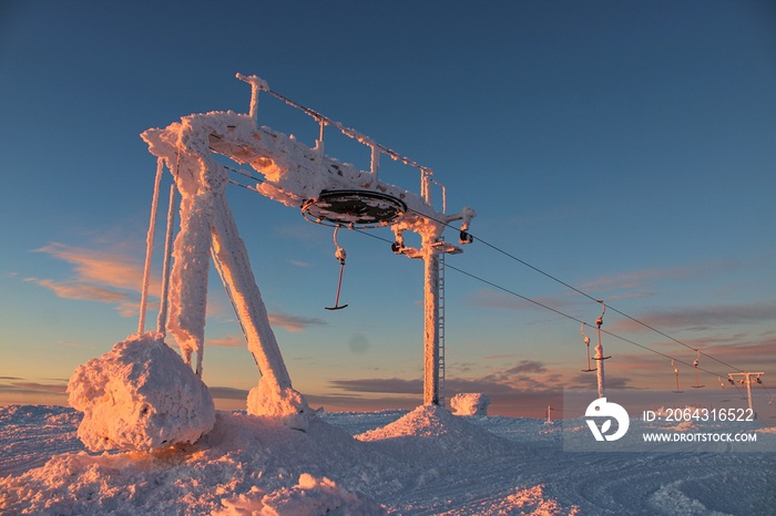 Frozen Platter Lift during dusk in a Nordic Ski Resort in Lapland
