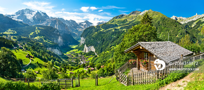 Panorama of the Lauterbrunnen valley from Wengen in the Swiss Alps