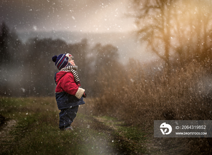 小男孩在看下雪。初冬高加索儿童画像。