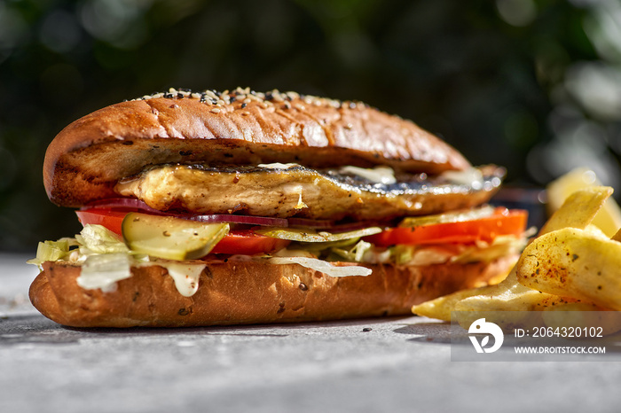 Fried fish sandwich with tartar sauce and french fries.