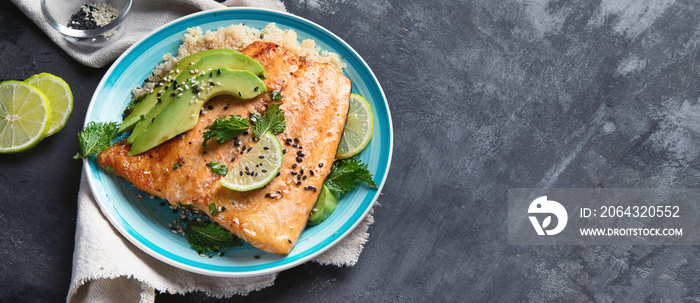 Grilled salmon with avocado, quinoa and sesame