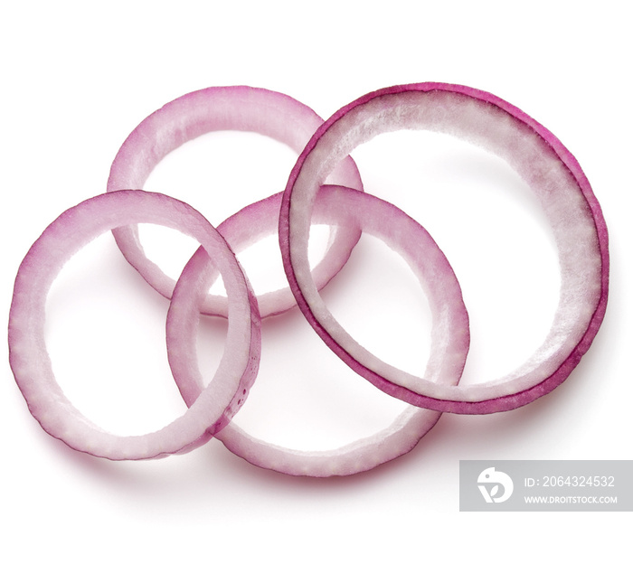 Sliced red onion rings isolated on white background cutout