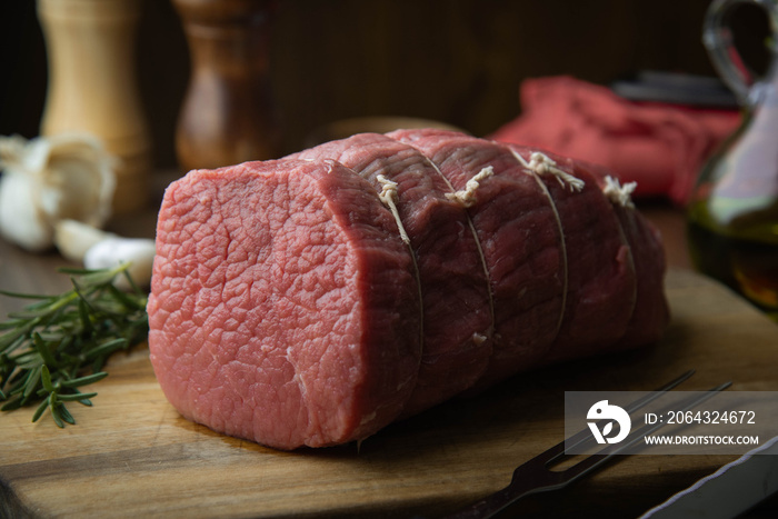 raw eye of round beef for roast beef with butcher’s knot