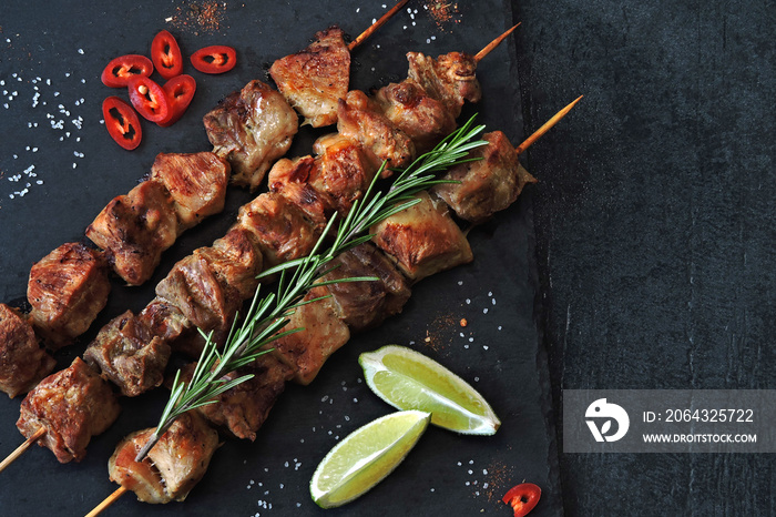 Delicious kebabs with rosemary, lime and chili. Keto diet. Paleo diet. Pegan diet.