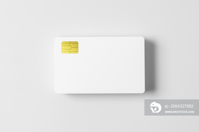 Stack of  white blank credit cards mockup on white background.