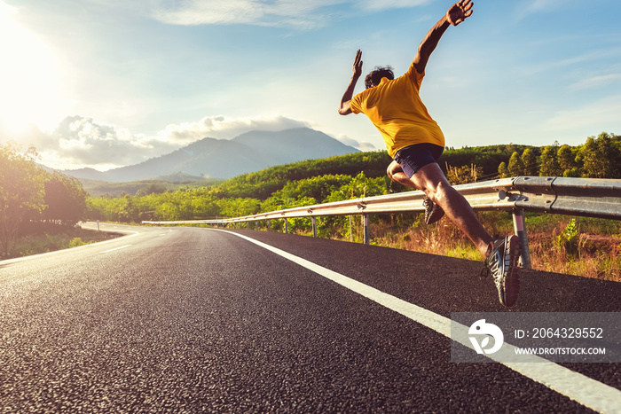 Athlete runner feet running on road, Jogging concept at outdoors. Man running for exercise.