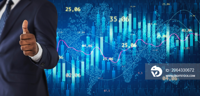 商业成功。商人在交易股市图表背景上竖起大拇指