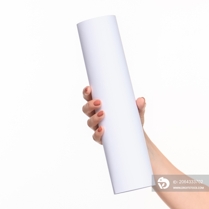 The cylinder female hands on white background