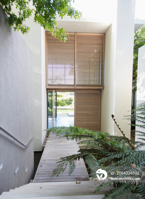 Courtyard steps leading to front door of luxury modern house