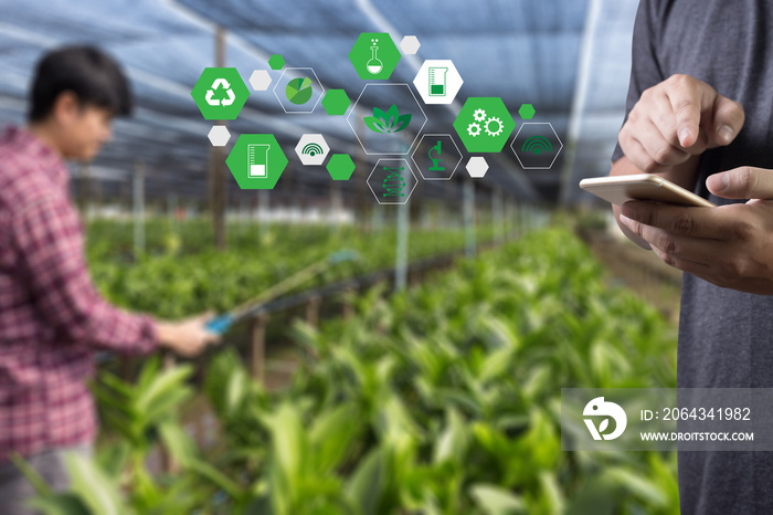 agriculture technology concept man Agronomist Using a Tablet Internet of things  report