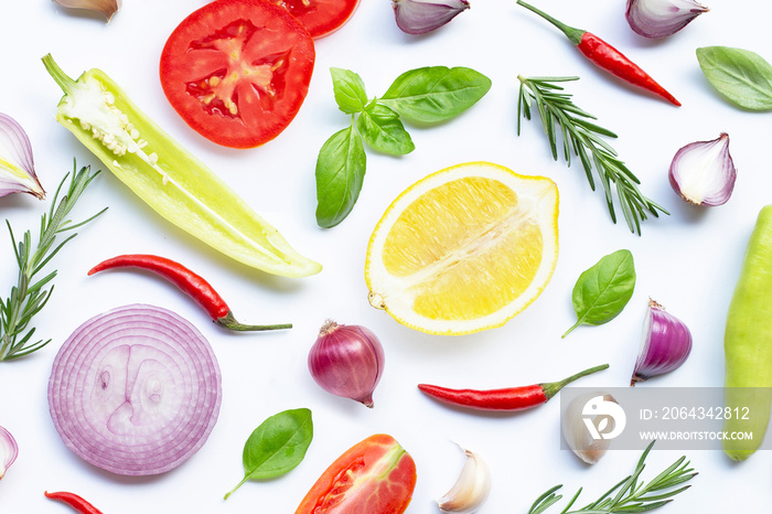 Various fresh vegetables and herbs on white background. Healthy eating concept