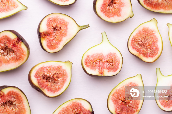 Fig fruits isolated on white background. Top view. Flat lay pattern