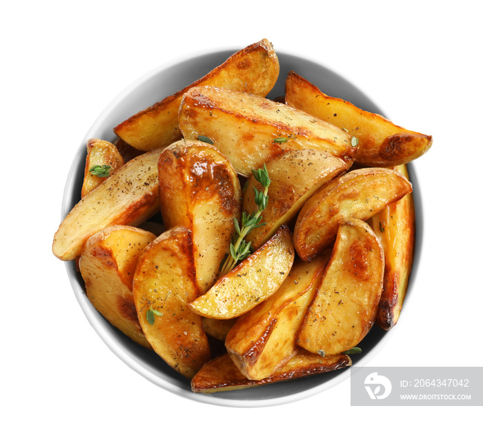 Bowl with tasty potato wedges on white background