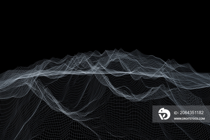 Wireframe polygonal landscape. Mountains with connected lines and dots