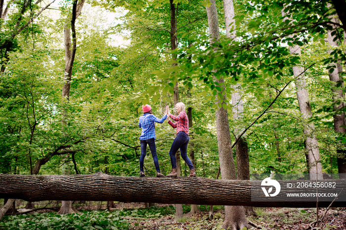 Female friends playing on log in forest