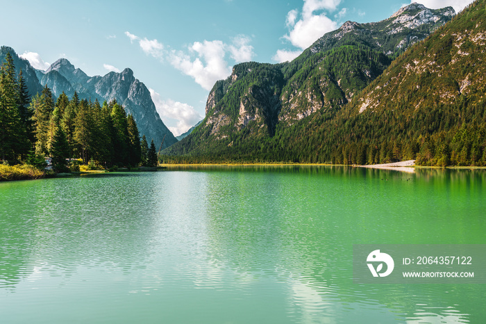 Panoramic view of Lake Dobbiaco ( Toblacher See ) in the Dolomites, Italy.