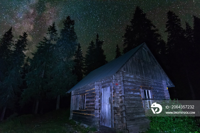 Charming lunar and starry nights with the Milky way in the Ukrainian Carpathians with mountain house