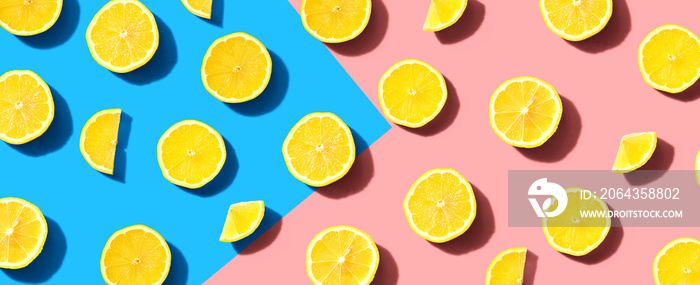 Fresh yellow lemons overhead view - flat lay