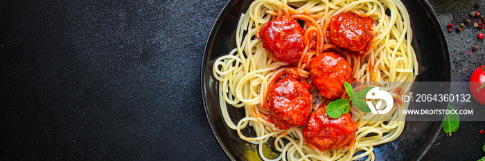 pasta spaghetti meatballs tomato sauce, main course Menu concept, food background, diet. top view. c