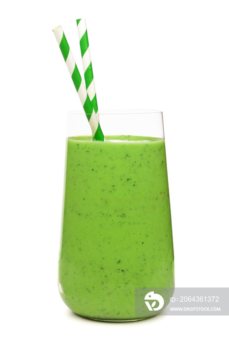 Green smoothie in a glass tumbler with paper straws isolated on a white background