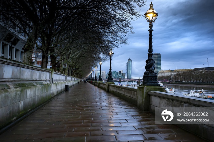 Wet sidewalk at the South Bank, London, the UK on a rainy day